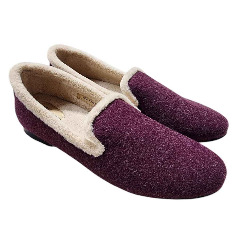 Trotters Sloop Loafers Women 10W Purple Wool Faux Fur Trim‎ Slip On Flat Shoes
